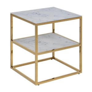 Arcata White Marble Glass Shelves Bedside Table With Gold Frame