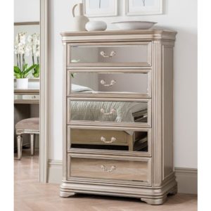 Jessika Mirrored Chest Of 5 Drawers In Taupe