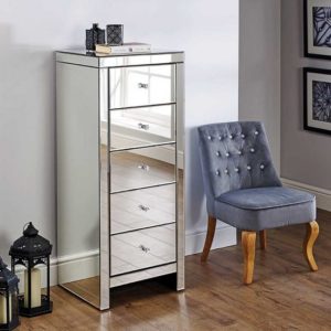 Saville Mirrored Chest Of 5 Drawers Narrow In Silver