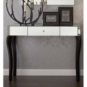 Orca Mirrored Glass Console Table With Black Wooden Legs