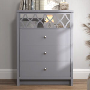 Asmara Mirrored Wooden Chest Of 4 Drawers In Cool Grey