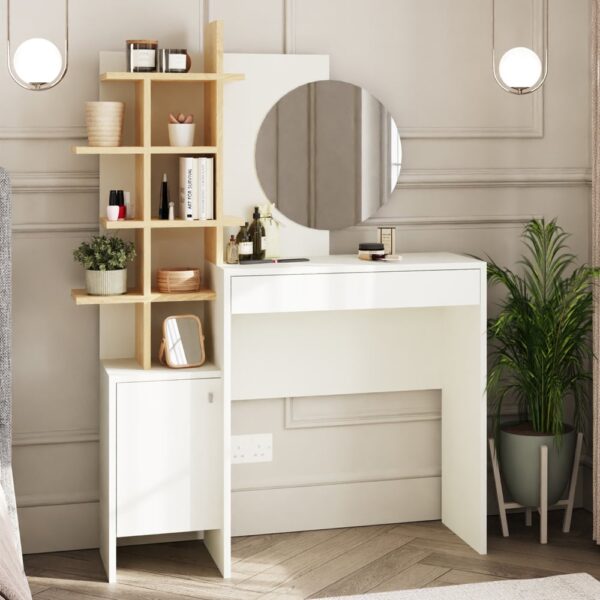 Flores Wooden Dressing Table With Mirror In White And Oak