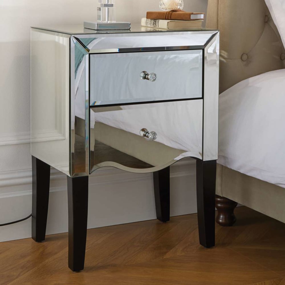 Polearm Mirrored Bedside Cabinet With 2 Drawers In Silver